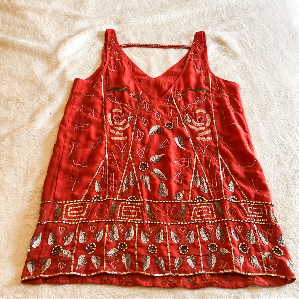 Free People | Embroidered Beaded Red Shift Dress - Picture 3 of 8